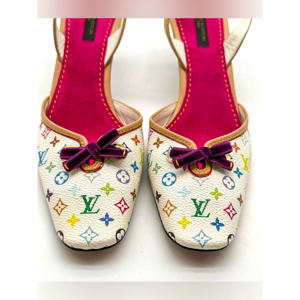Louis Vuitton Takashi Murakami Vintage White Monogram Slingback Heels EU 38 US 8 - Picture 11 of 14